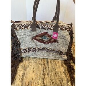 Buckhead Betties Southwestern Woven Boho Aztec Large Fringe Beaded Duffel Bag